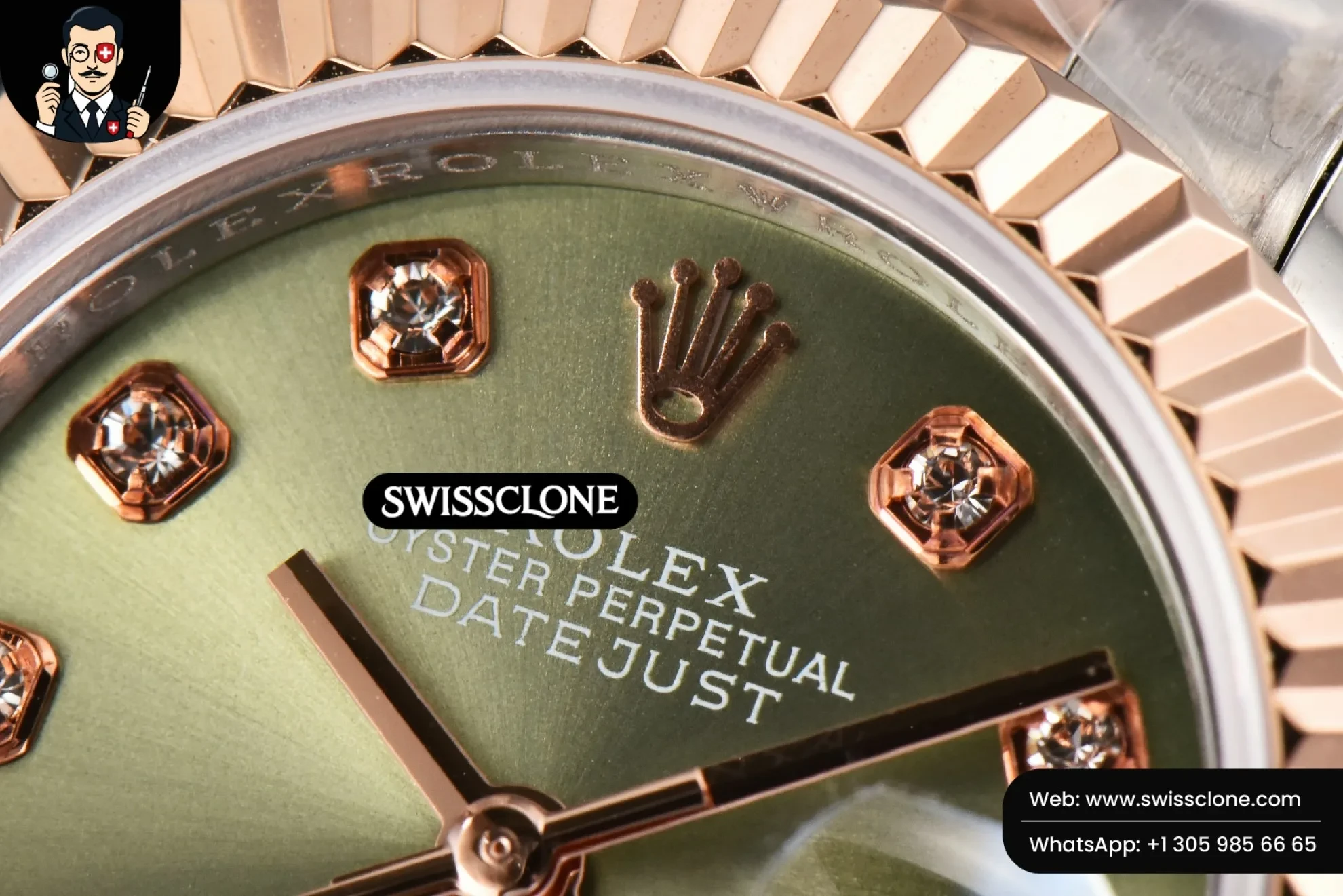 Rolex DateJust 28mm Ladies WF RG/SS Green Dial Diamond Marker Jubilee 1:1 Super Clone - Caseback & Cloned Calibre Movement