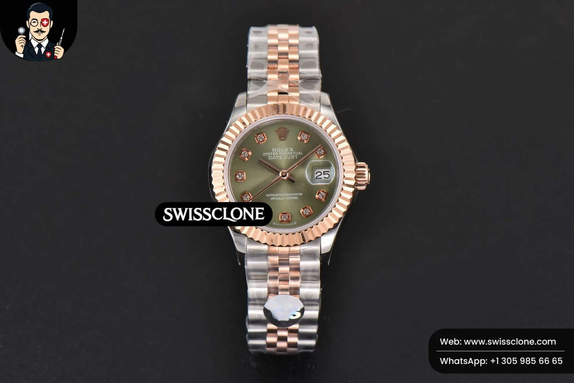 Rolex DateJust 28mm Ladies WF RG/SS Green Dial Diamond Marker Jubilee 1:1 Super Clone - Dial Macro Close-Up