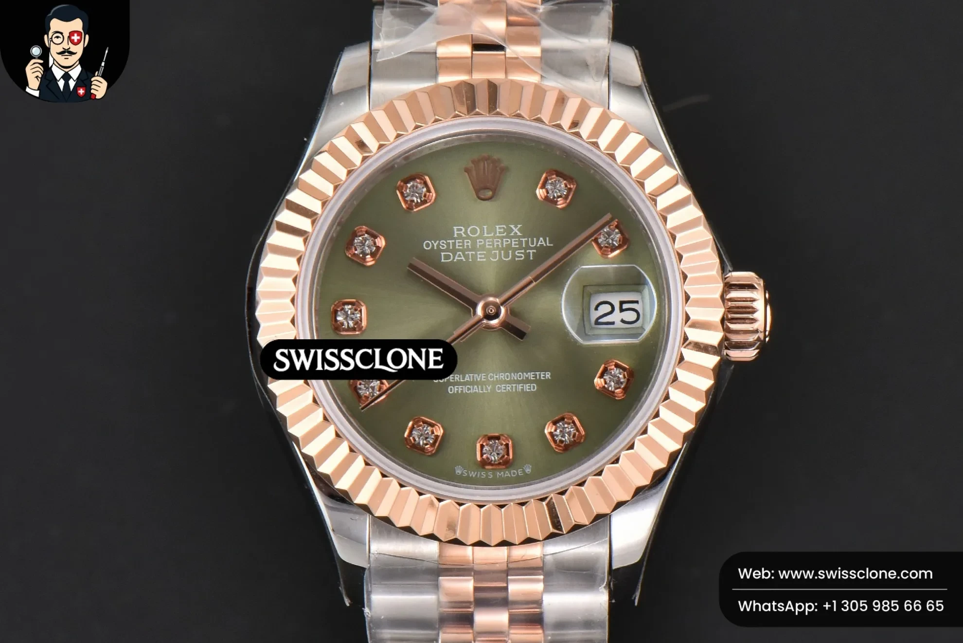 Rolex DateJust 28mm Ladies WF RG/SS Green Dial Diamond Marker Jubilee