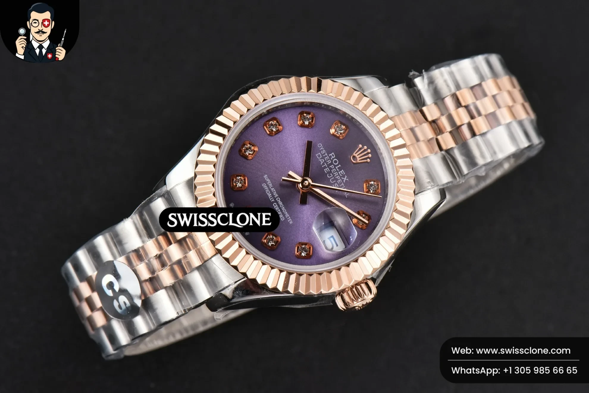 Rolex DateJust 28mm Ladies WF RG/SS Purple Dial Diamond Marker Jubilee 1:1 Super Clone - Bezel & Case Profile