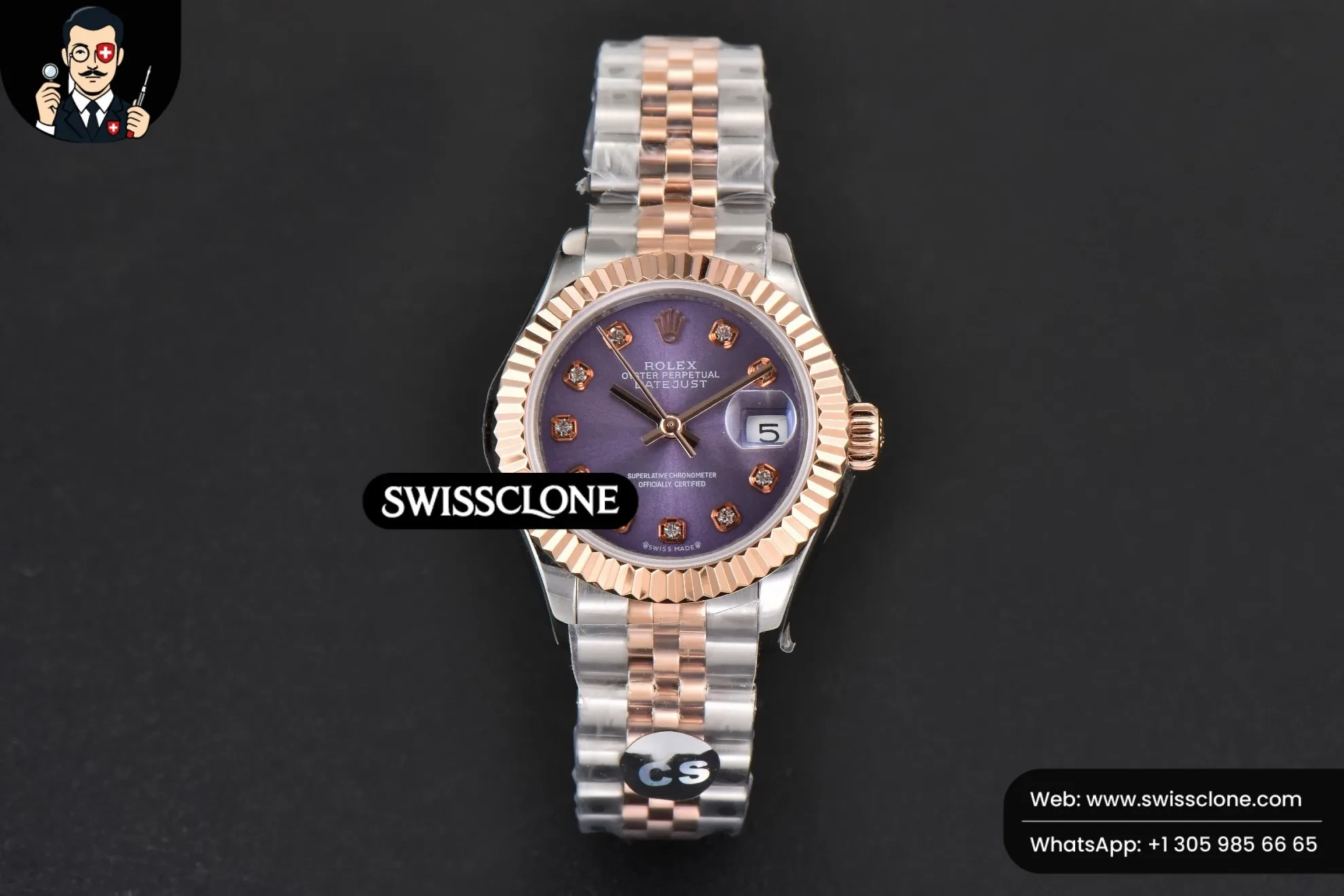 Rolex DateJust 28mm Ladies WF RG/SS Purple Dial Diamond Marker Jubilee 1:1 Super Clone - Dial Macro Close-Up