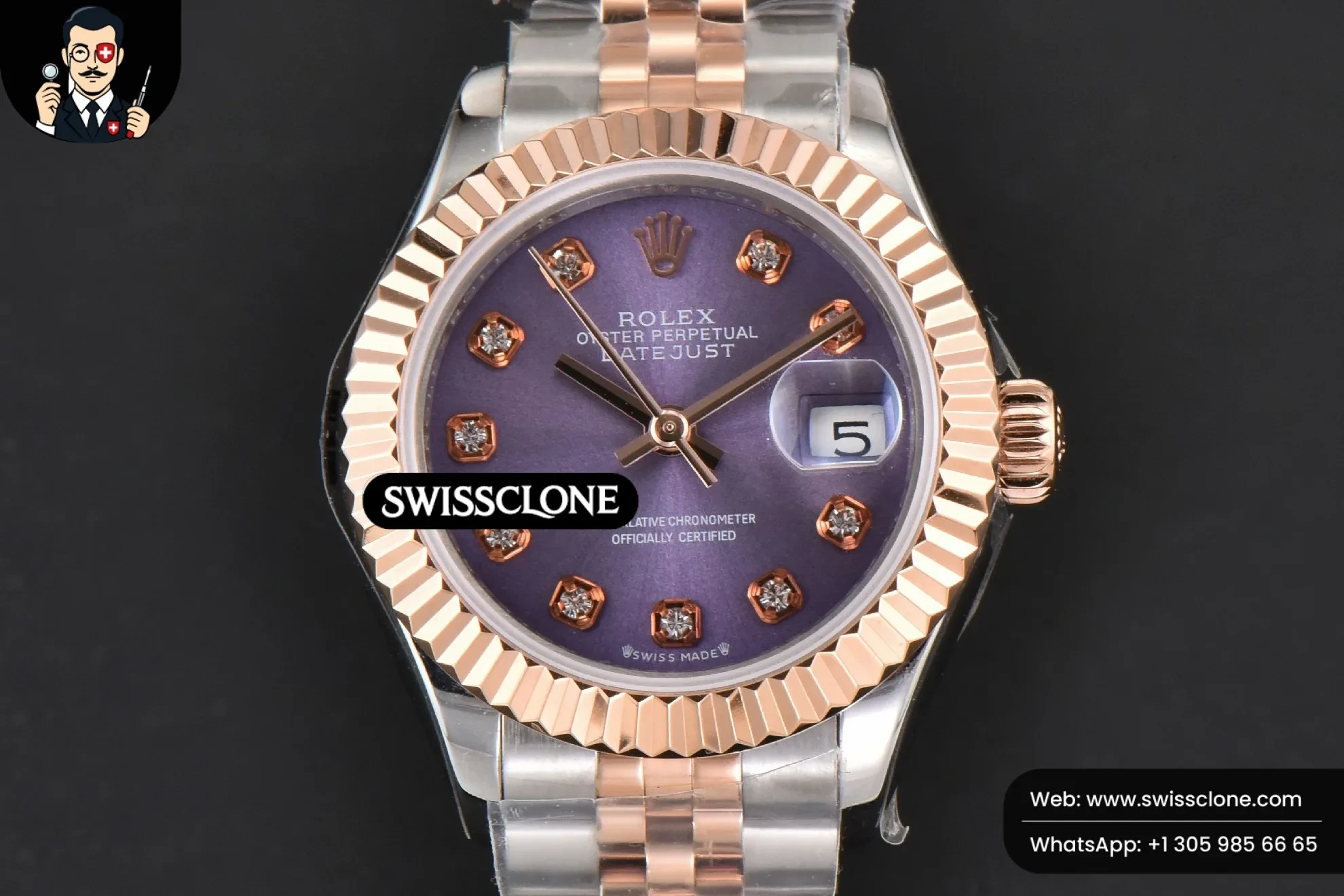 Rolex DateJust 28mm Ladies WF RG/SS Purple Dial Diamond Marker Jubilee