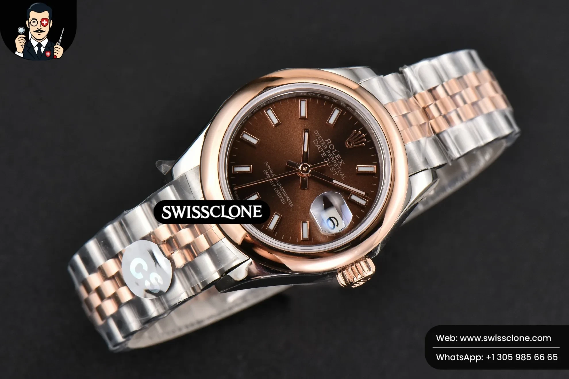 Rolex DateJust 28mm Ladies WF RG/SS Smooth Bezel Brown Dial Jubilee 1:1 Super Clone - Bezel & Case Profile