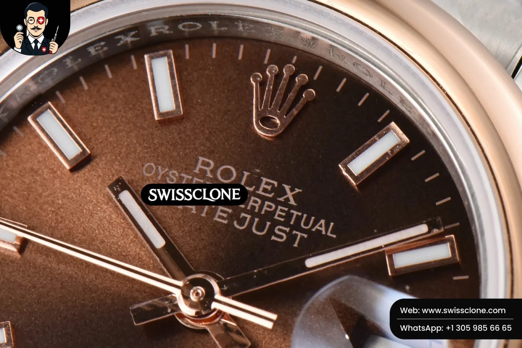 Rolex DateJust 28mm Ladies WF RG/SS Smooth Bezel Brown Dial Jubilee 1:1 Super Clone - Caseback & Cloned Calibre Movement