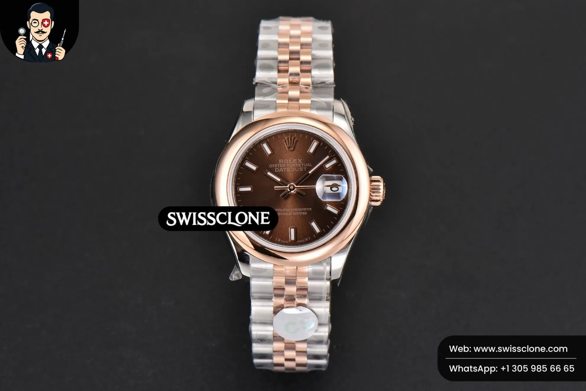 Rolex DateJust 28mm Ladies WF RG/SS Smooth Bezel Brown Dial Jubilee 1:1 Super Clone - Dial Macro Close-Up