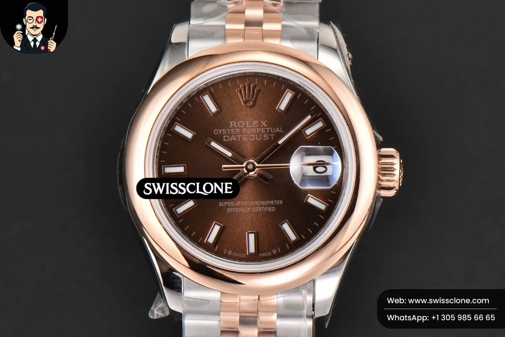 Rolex DateJust 28mm Ladies WF RG/SS Smooth Bezel Brown Dial Jubilee
