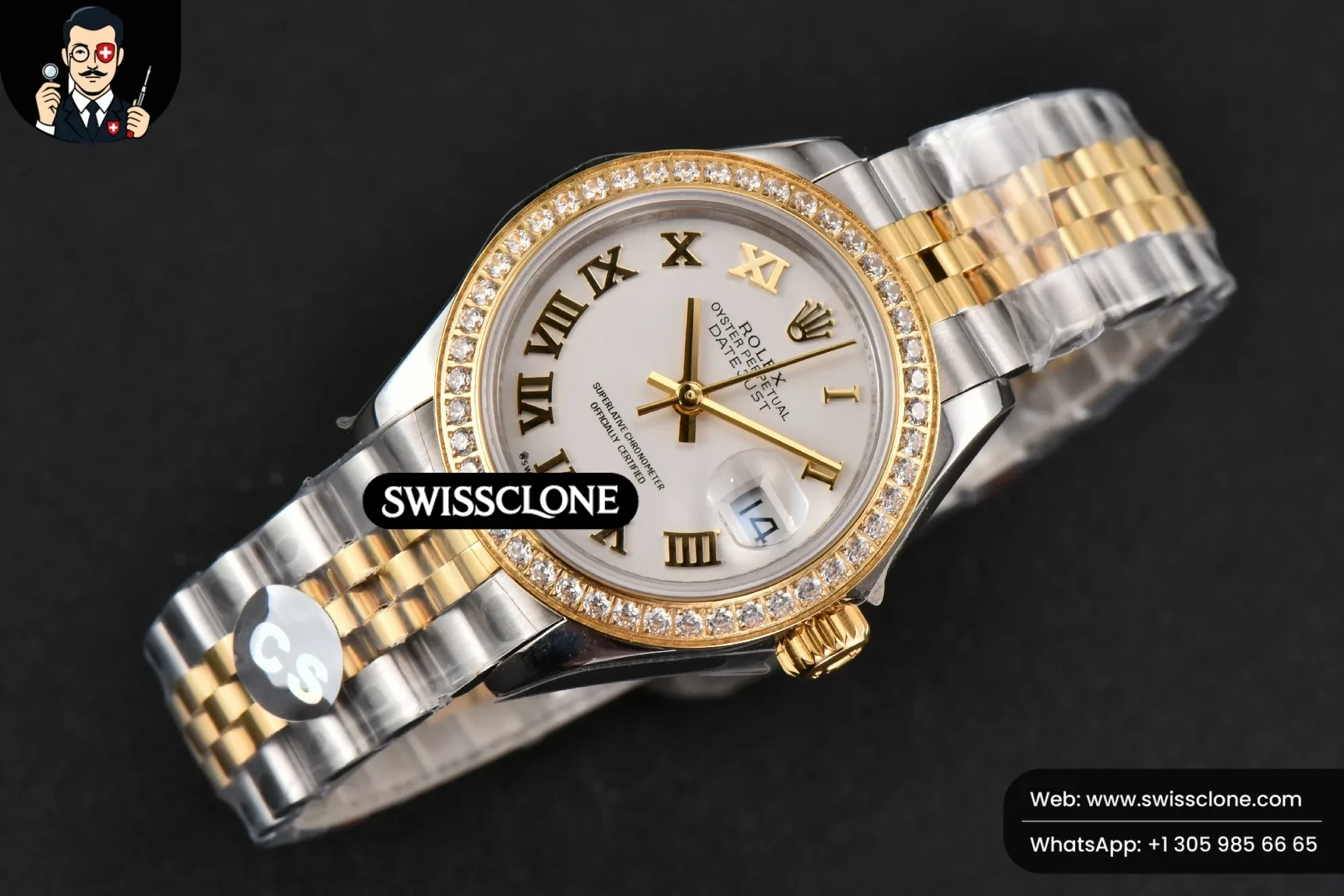 Rolex DateJust 28mm Ladies WF YG/SS Diamond White Dial Roma Marker Jubilee 1:1 Super Clone - Bezel & Case Profile