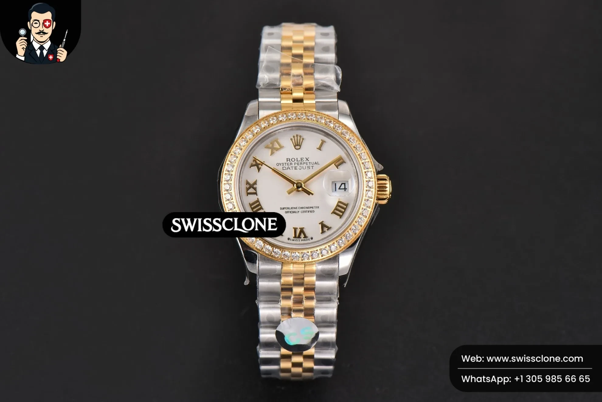 Rolex DateJust 28mm Ladies WF YG/SS Diamond White Dial Roma Marker Jubilee 1:1 Super Clone - Dial Macro Close-Up