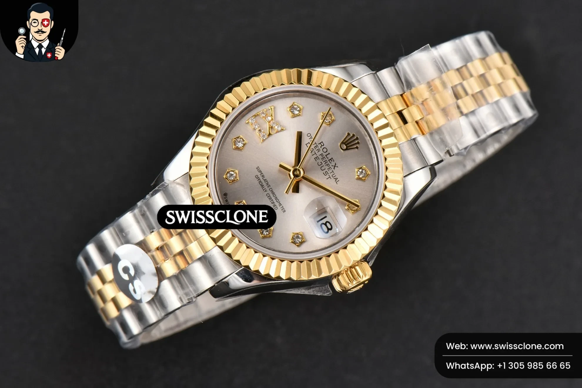 Rolex DateJust 28mm Ladies WF YG/SS Silver Dial Diamond Roma Marker Jubilee 1:1 Super Clone - Bezel & Case Profile