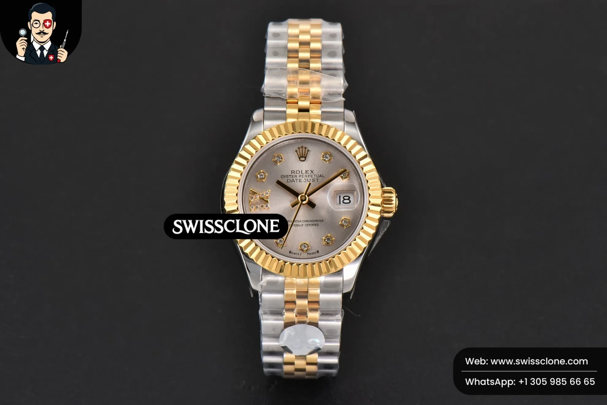 Rolex DateJust 28mm Ladies WF YG/SS Silver Dial Diamond Roma Marker Jubilee 1:1 Super Clone - Dial Macro Close-Up