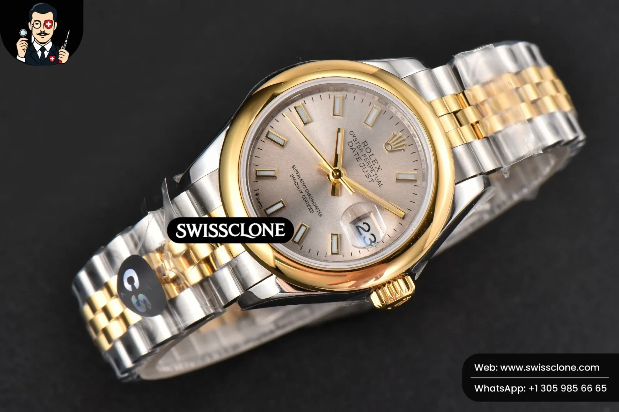 Rolex DateJust 28mm Ladies WF YG/SS Smooth Bezel Silver Dial Jubilee 1:1 Super Clone - Bezel & Case Profile