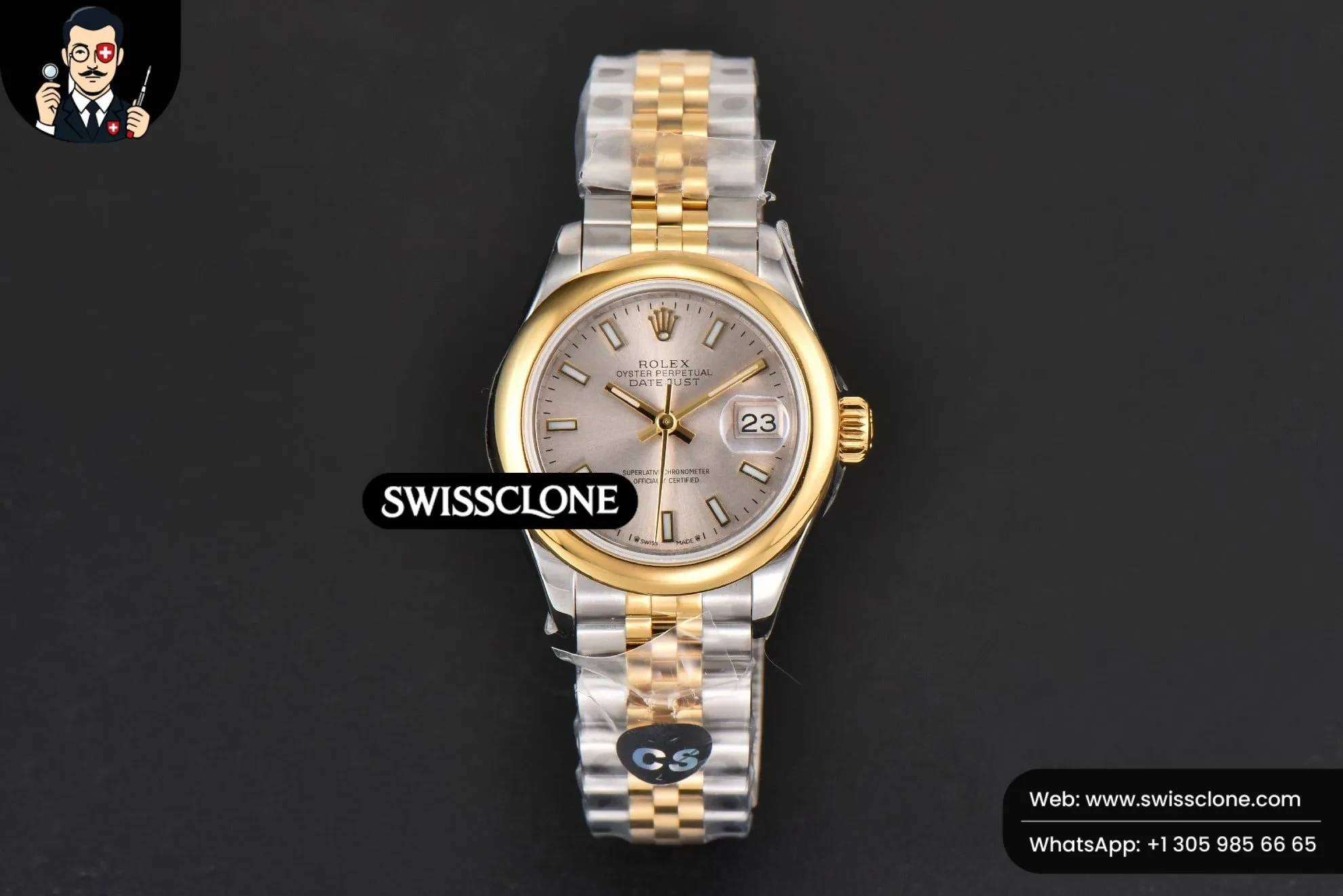 Rolex DateJust 28mm Ladies WF YG/SS Smooth Bezel Silver Dial Jubilee 1:1 Super Clone - Dial Macro Close-Up