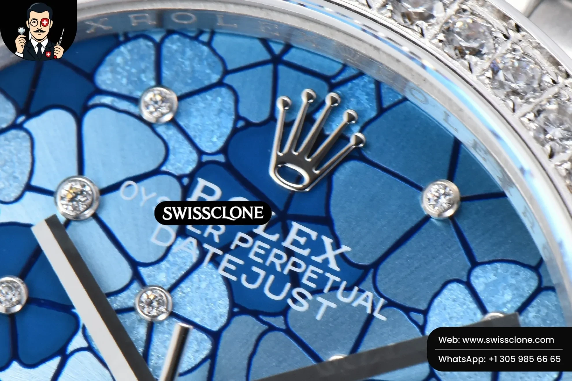 Rolex DateJust 31mm 904L Diamond Bezel Blue Flowers Dial Jubilee 1:1 Super Clone - Caseback & Cloned Calibre Movement