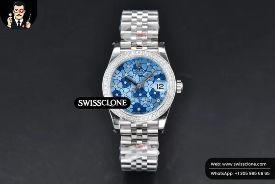 Rolex DateJust 31mm 904L Diamond Bezel Blue Flowers Dial Jubilee 1:1 Super Clone - Dial Macro Close-Up