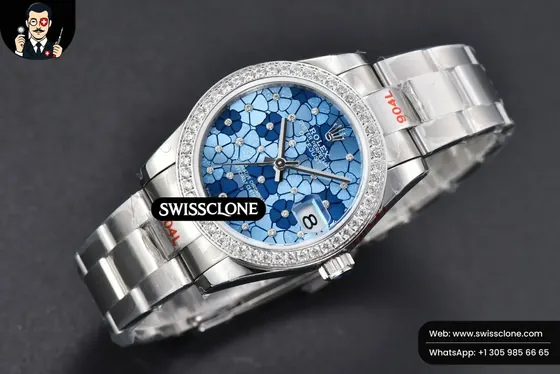 Rolex DateJust 31mm 904L Diamond Bezel Blue Flowers Dial Oyster 1:1 Super Clone - Bezel & Case Profile