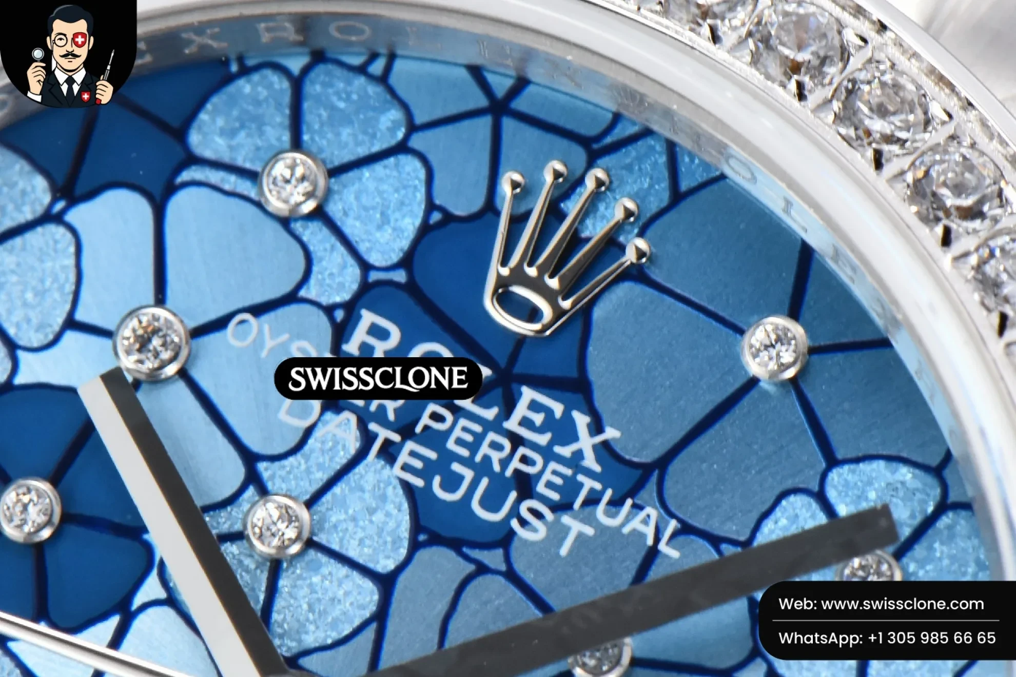 Rolex DateJust 31mm 904L Diamond Bezel Blue Flowers Dial Oyster 1:1 Super Clone - Caseback & Cloned Calibre Movement