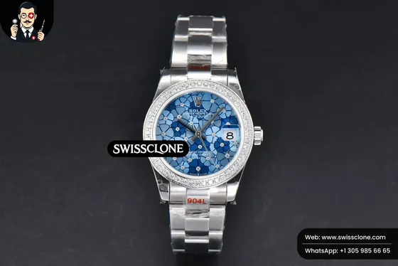 Rolex DateJust 31mm 904L Diamond Bezel Blue Flowers Dial Oyster 1:1 Super Clone - Dial Macro Close-Up