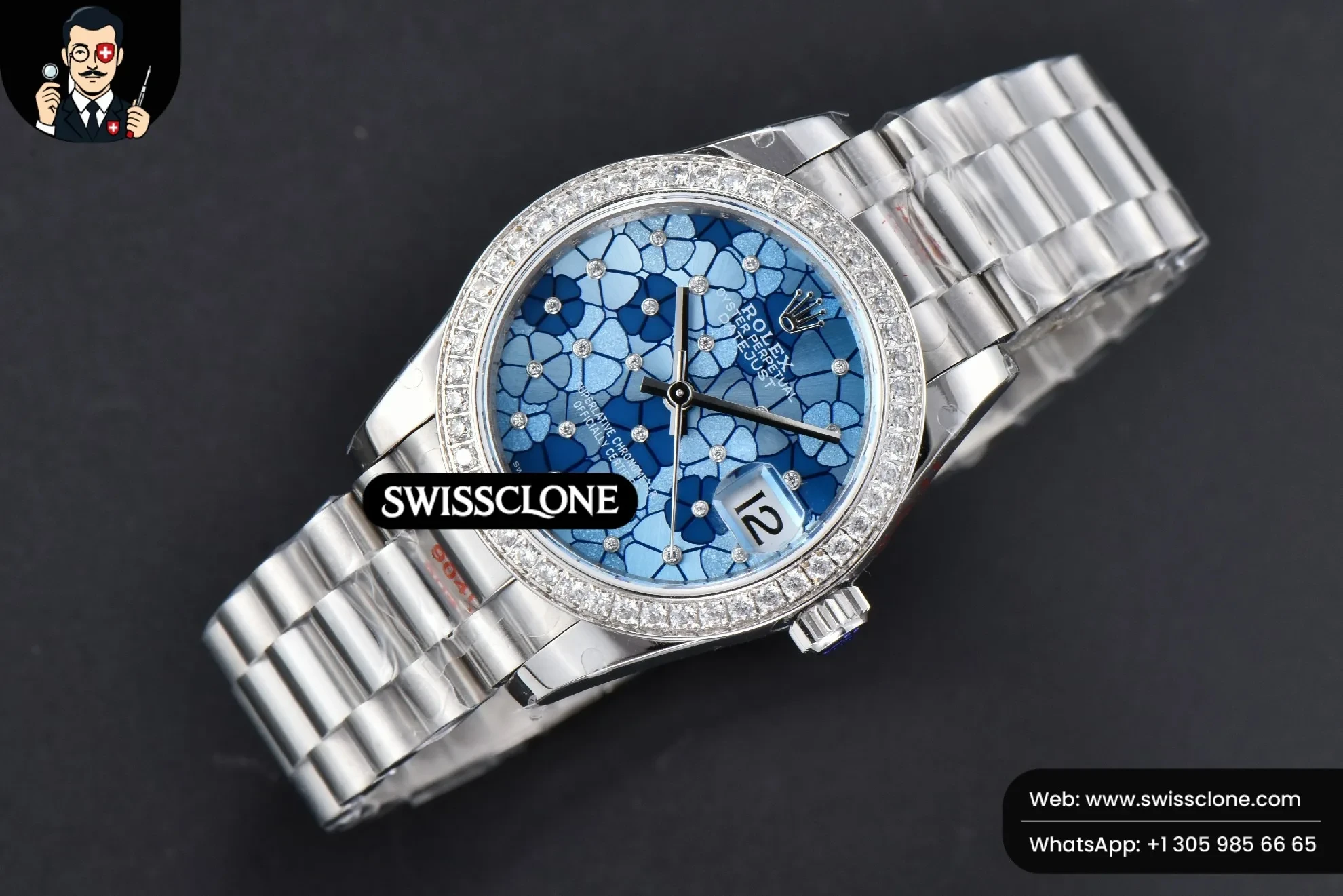 Rolex DateJust 31mm 904L Diamond Bezel Blue Flowers Dial President 1:1 Super Clone - Bezel & Case Profile