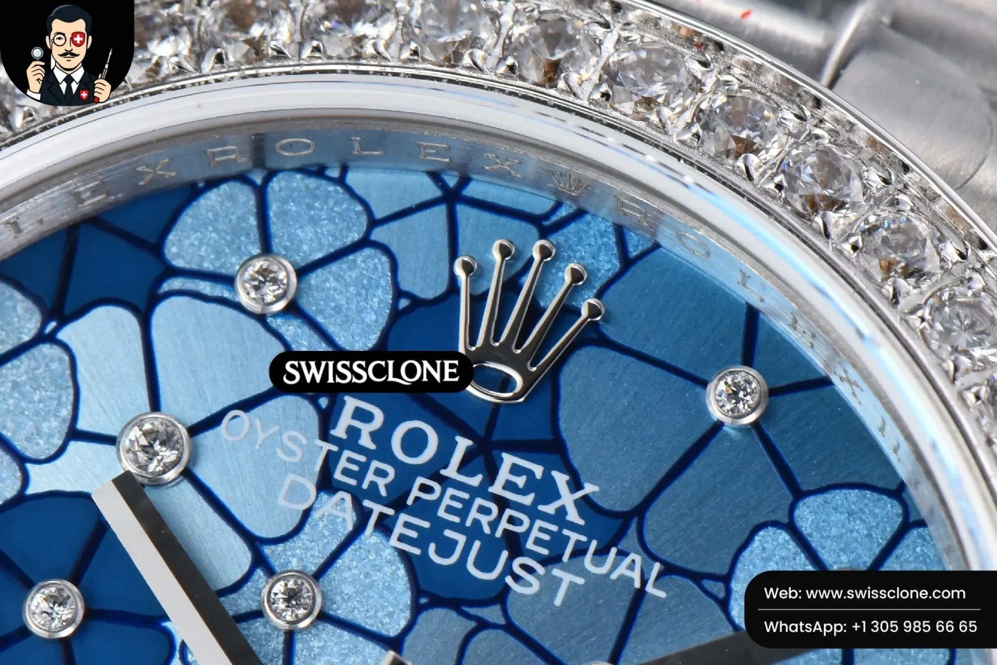 Rolex DateJust 31mm 904L Diamond Bezel Blue Flowers Dial President 1:1 Super Clone - Caseback & Cloned Calibre Movement