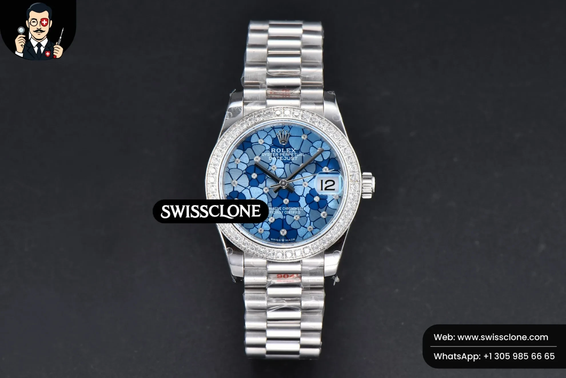 Rolex DateJust 31mm 904L Diamond Bezel Blue Flowers Dial President 1:1 Super Clone - Dial Macro Close-Up