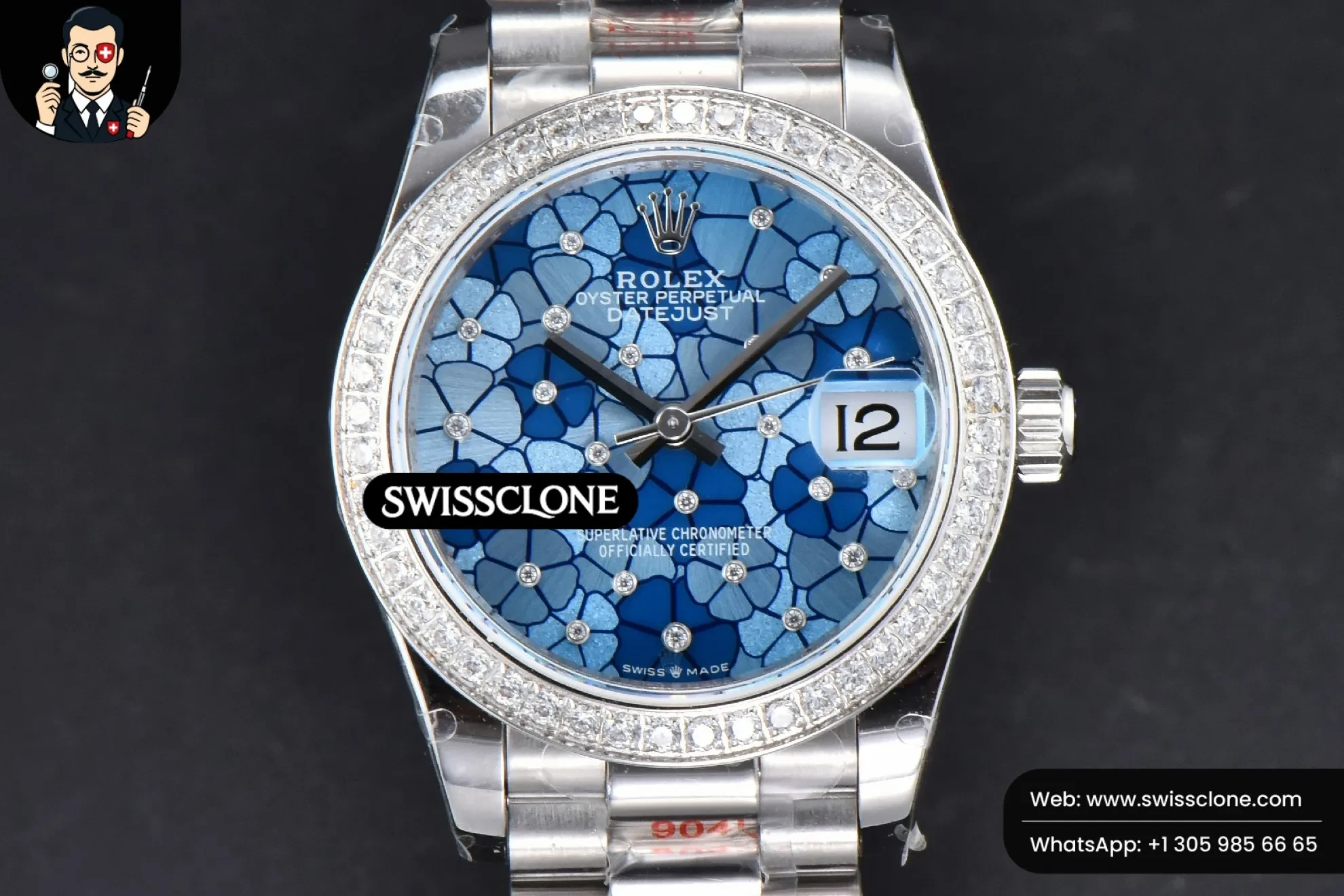 Rolex DateJust 31mm 904L Diamond Bezel Blue Flowers Dial President