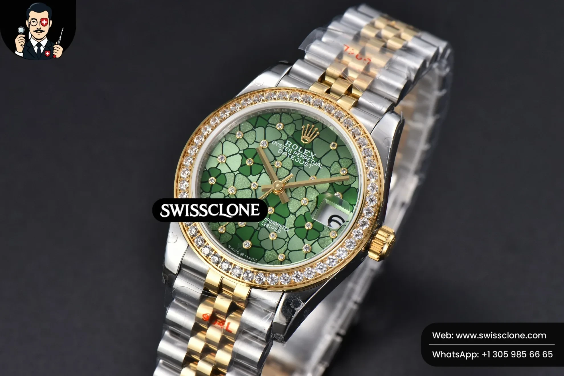 Rolex DateJust 31mm 904L Diamond Bezel Green Flowers Dial Jubilee 1:1 Super Clone - Bezel & Case Profile