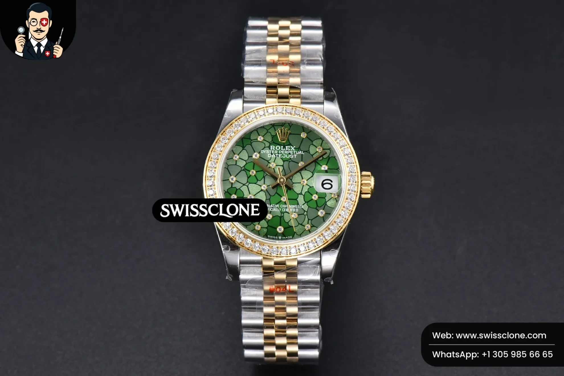 Rolex DateJust 31mm 904L Diamond Bezel Green Flowers Dial Jubilee 1:1 Super Clone - Dial Macro Close-Up