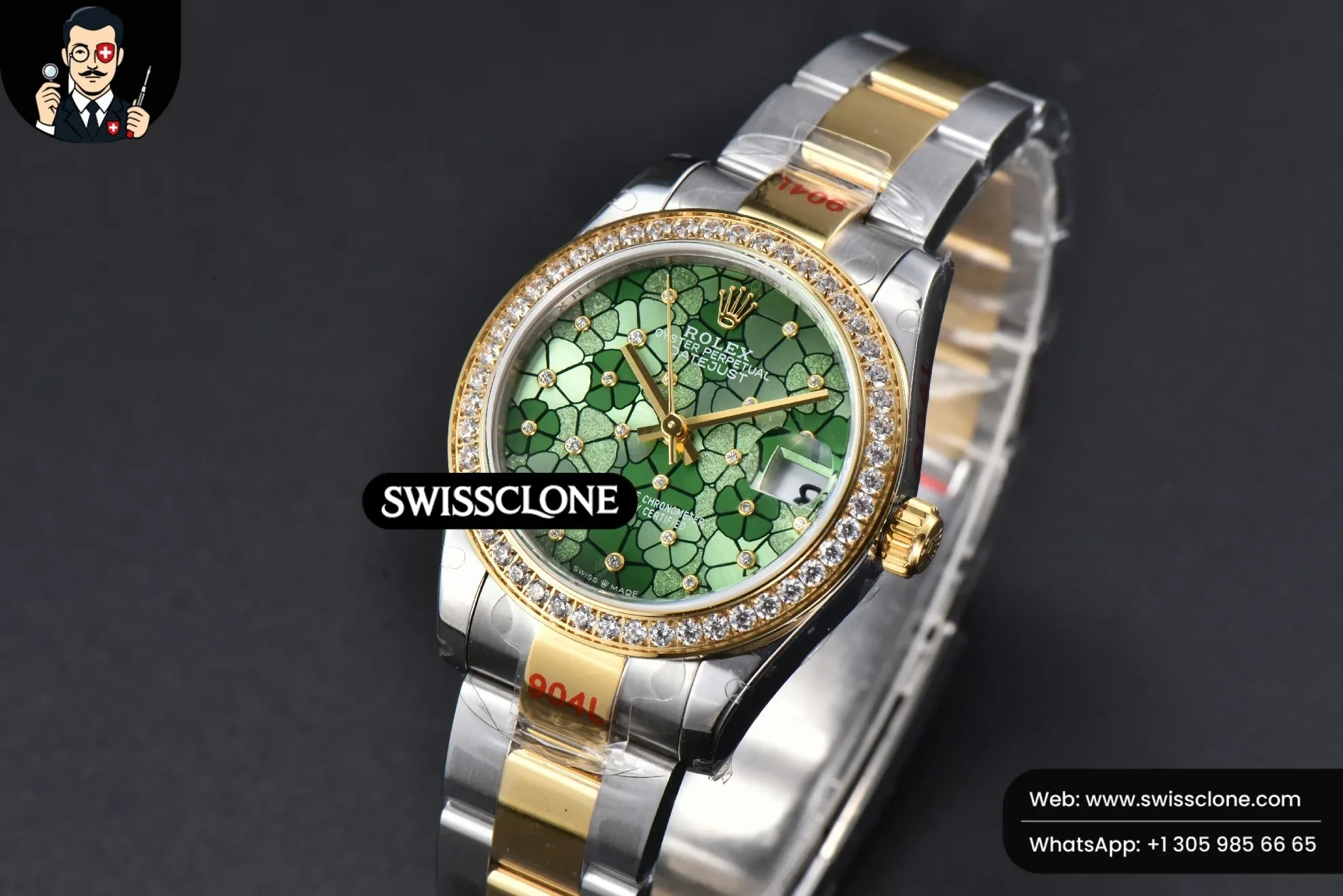 Rolex DateJust 31mm 904L Diamond Bezel Green Flowers Dial Oyster 1:1 Super Clone - Bezel & Case Profile
