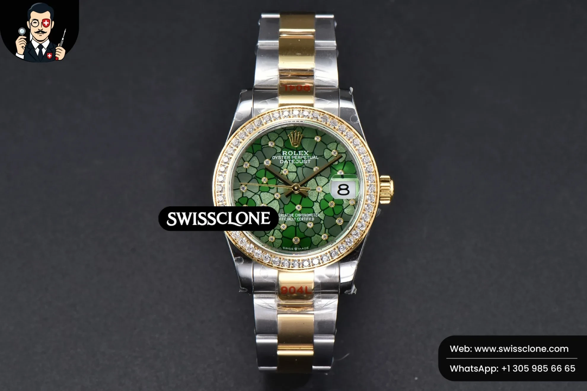 Rolex DateJust 31mm 904L Diamond Bezel Green Flowers Dial Oyster 1:1 Super Clone - Dial Macro Close-Up