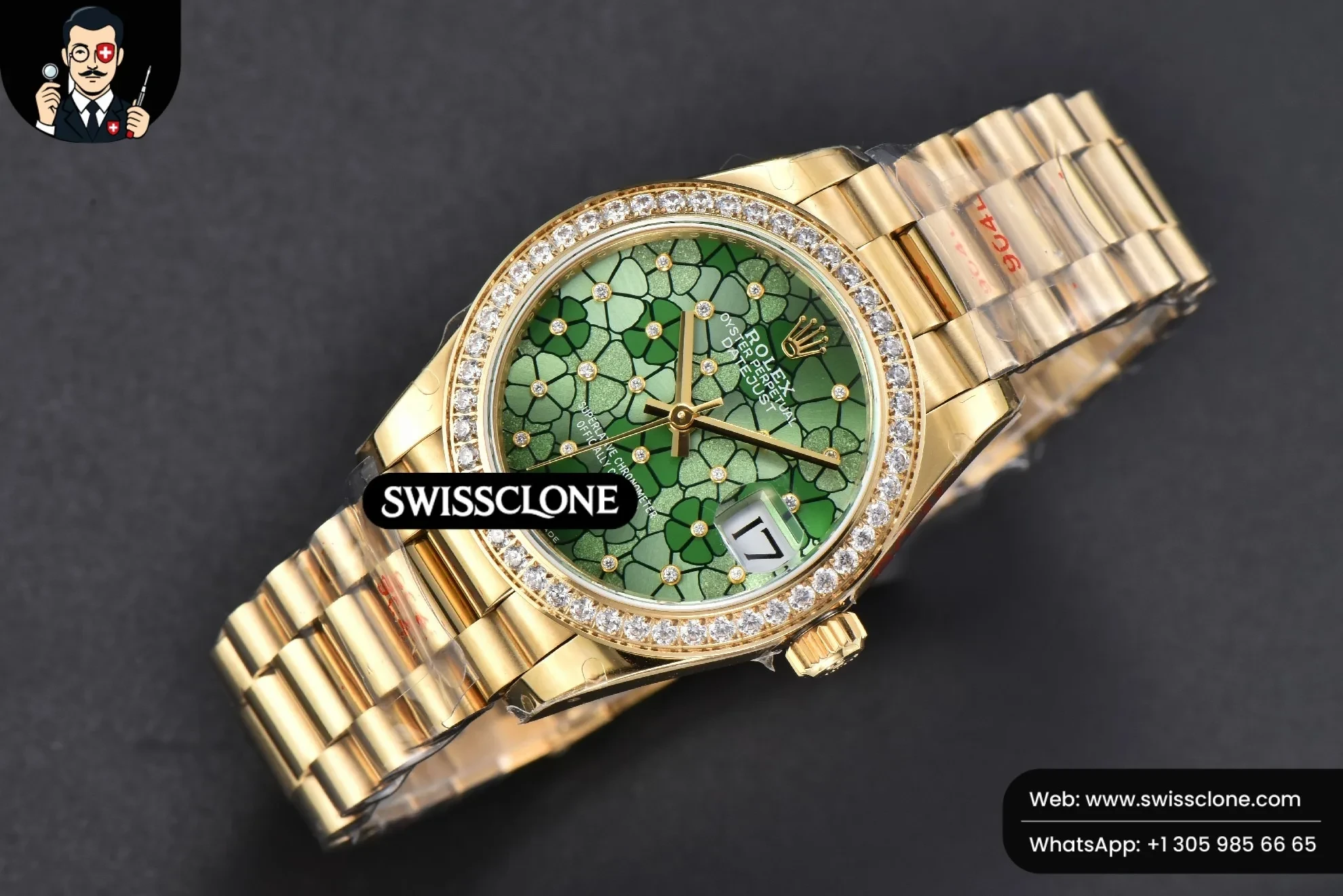 Rolex DateJust 31mm 904L Diamond Bezel Green Flowers Dial President 1:1 Super Clone - Bezel & Case Profile
