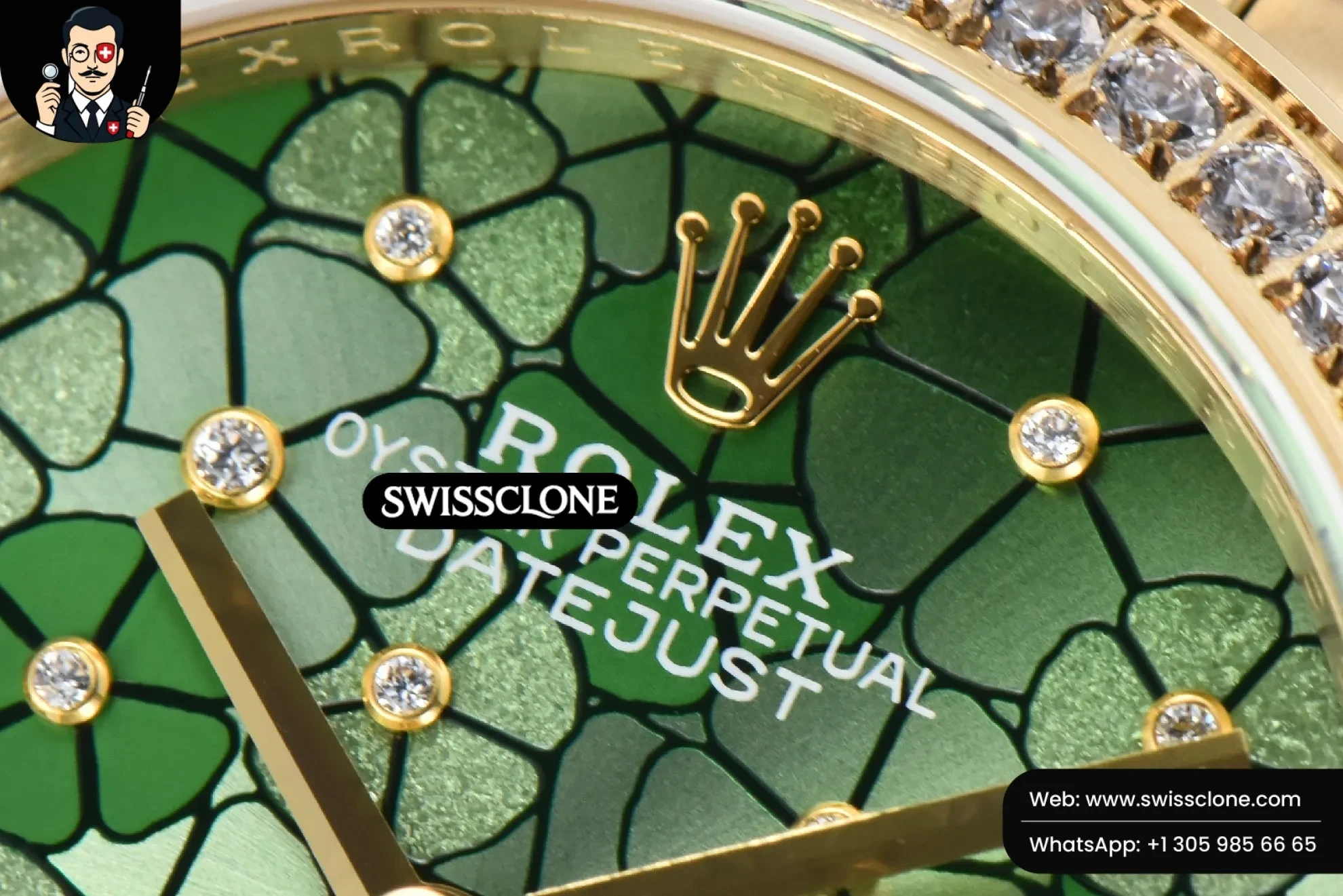 Rolex DateJust 31mm 904L Diamond Bezel Green Flowers Dial President 1:1 Super Clone - Caseback & Cloned Calibre Movement