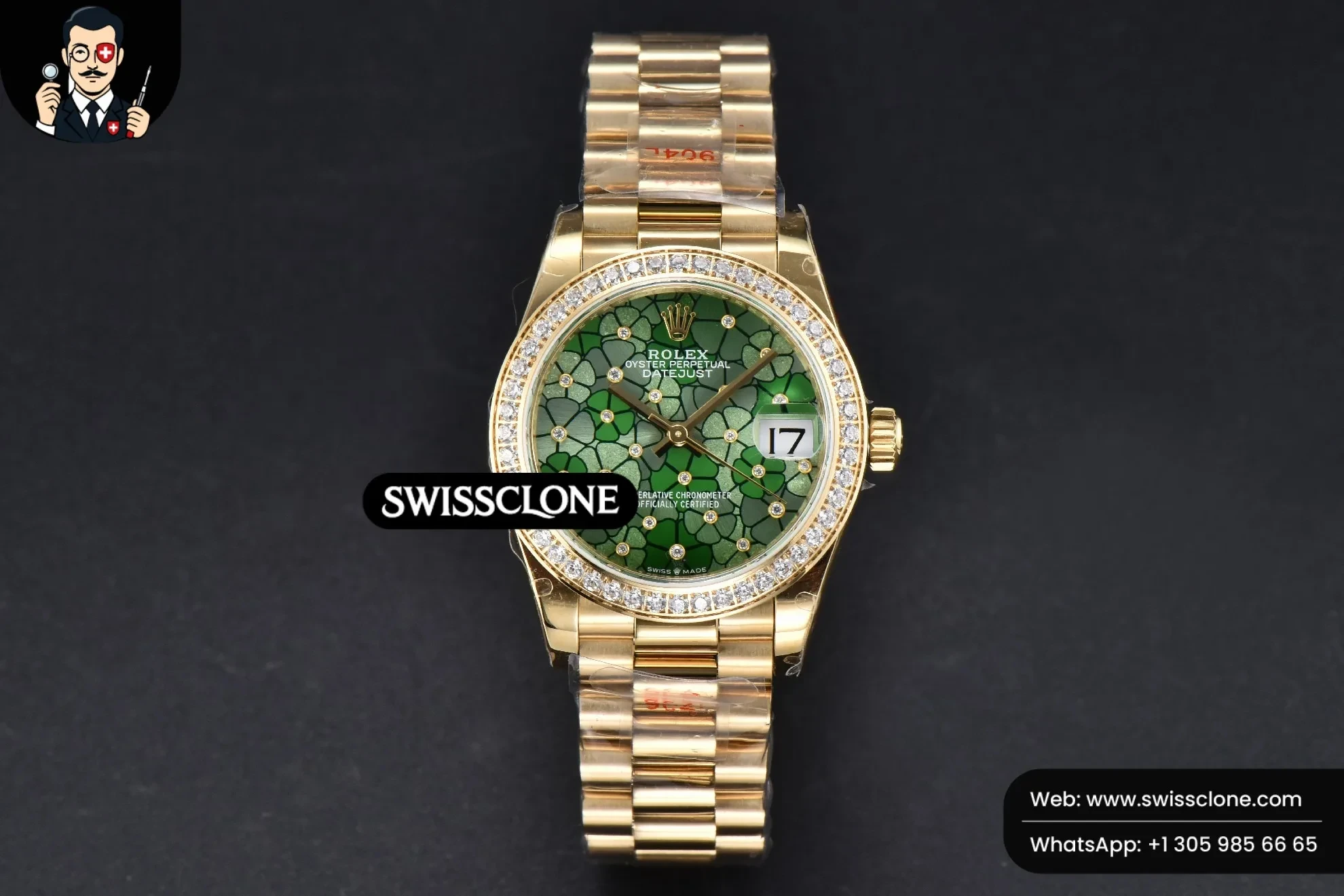 Rolex DateJust 31mm 904L Diamond Bezel Green Flowers Dial President 1:1 Super Clone - Dial Macro Close-Up