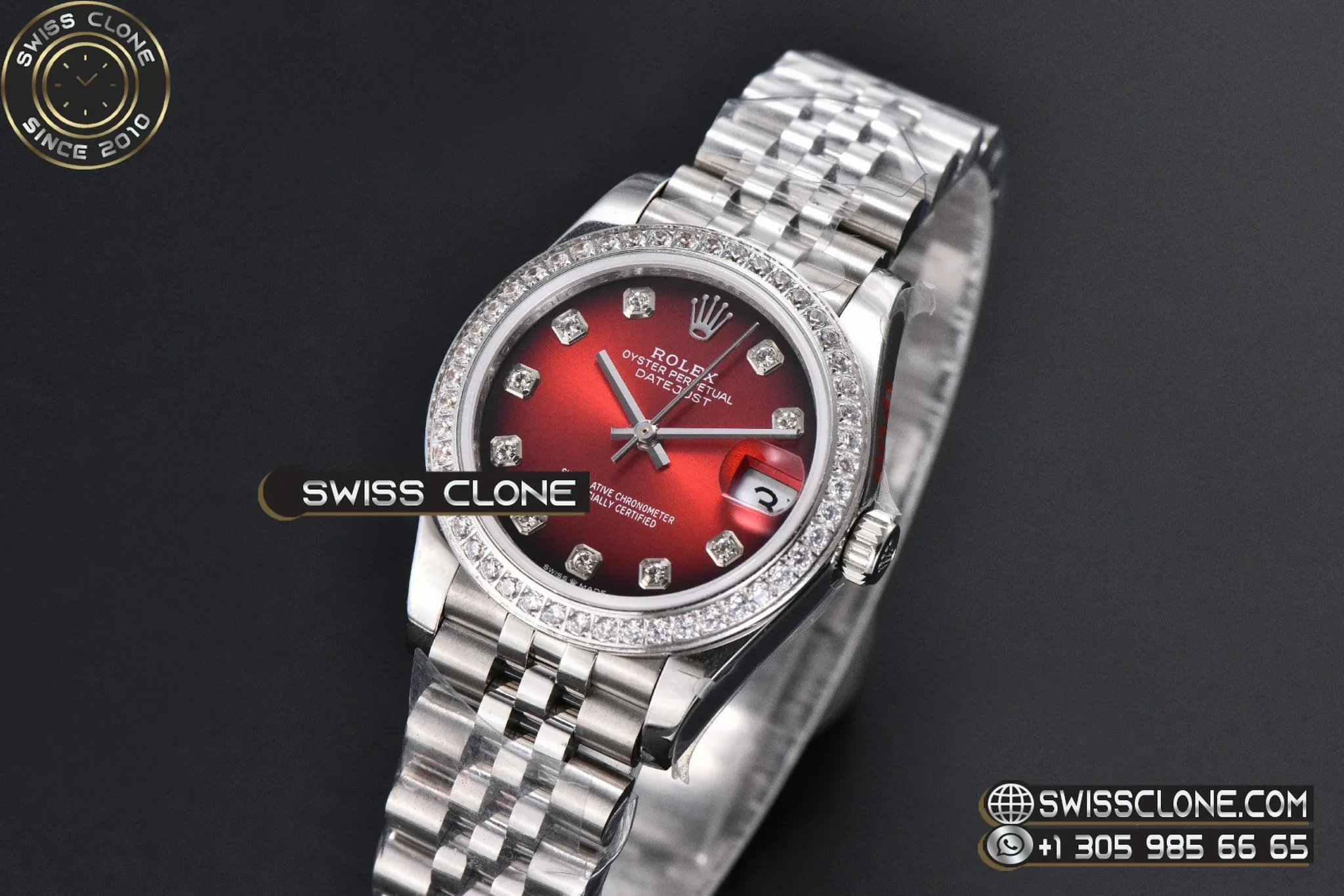 Rolex DateJust 31mm 904L Diamond Bezel Red Dial Diamond Marker Jubilee 1:1 Super Clone - Bezel & Case Profile