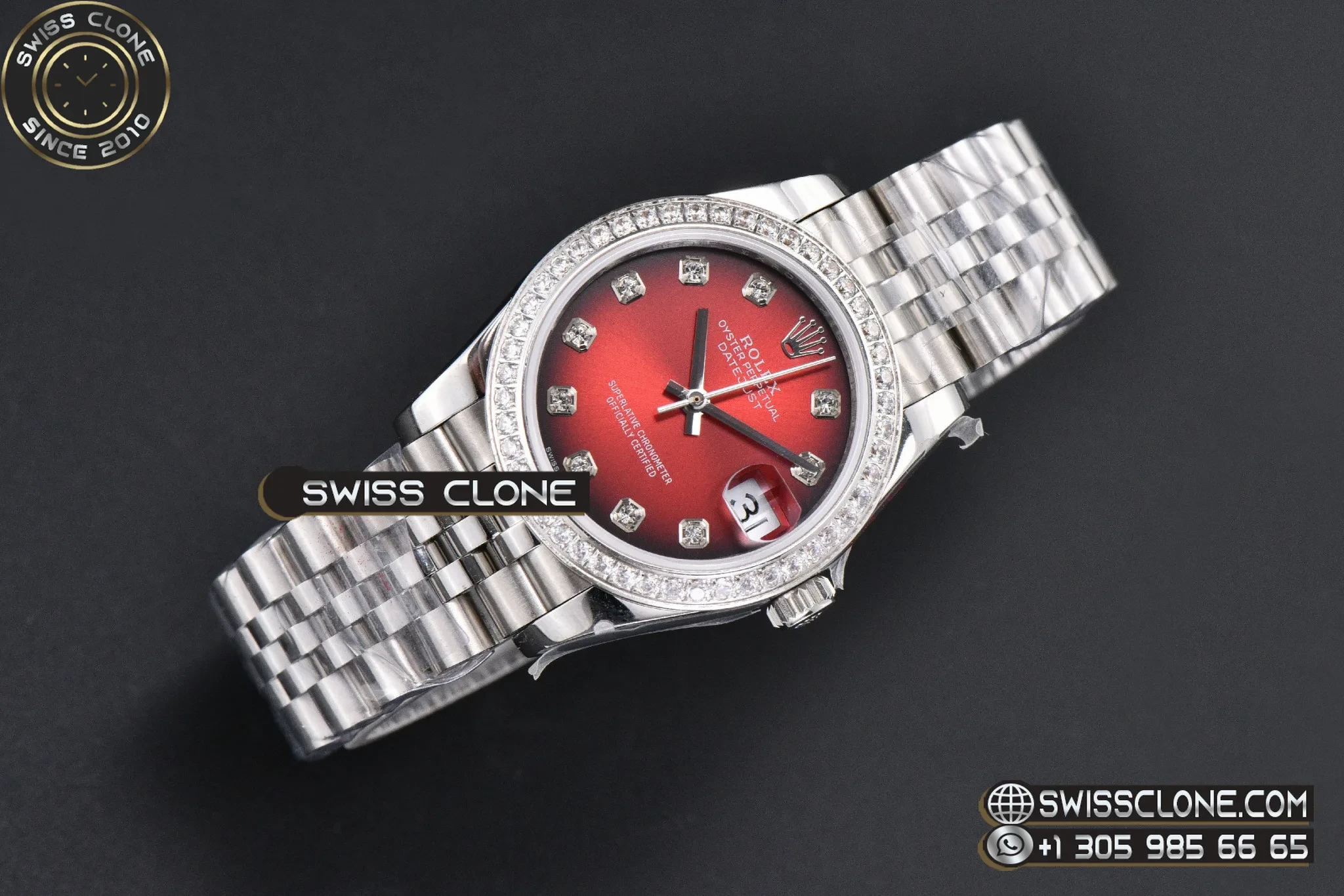 Rolex DateJust 31mm 904L Diamond Bezel Red Dial Diamond Marker Jubilee 1:1 Super Clone - Dial Macro Close-Up