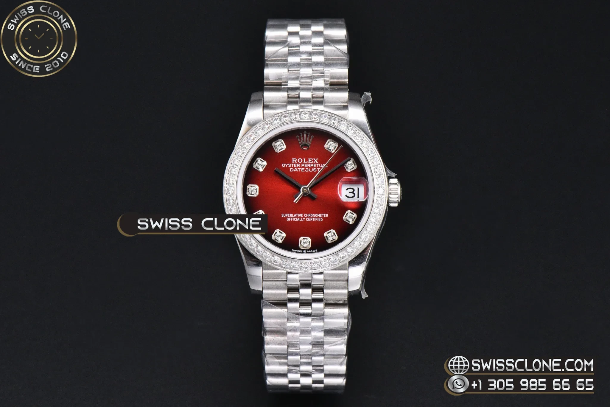 Rolex DateJust 31mm 904L Diamond Bezel Red Dial Diamond Marker Jubilee