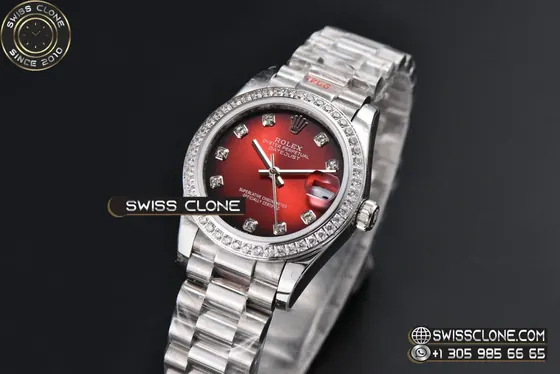 Rolex DateJust 31mm 904L Diamond Bezel Red Dial Diamond Marker President 1:1 Super Clone - Bezel & Case Profile