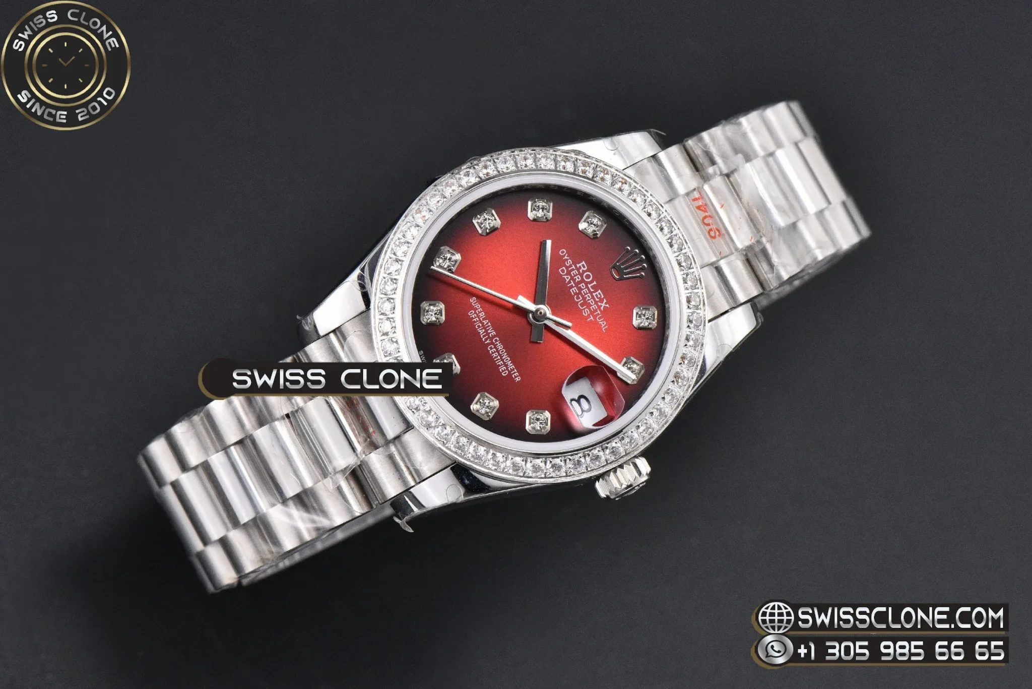 Rolex DateJust 31mm 904L Diamond Bezel Red Dial Diamond Marker President 1:1 Super Clone - Dial Macro Close-Up