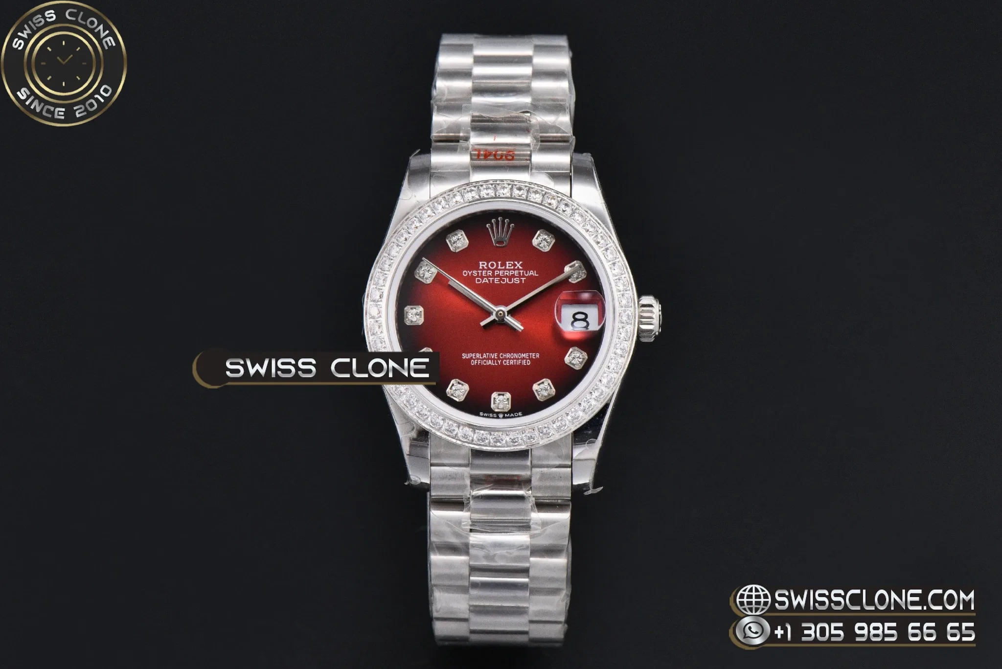 Rolex DateJust 31mm 904L Diamond Bezel Red Dial Diamond Marker President