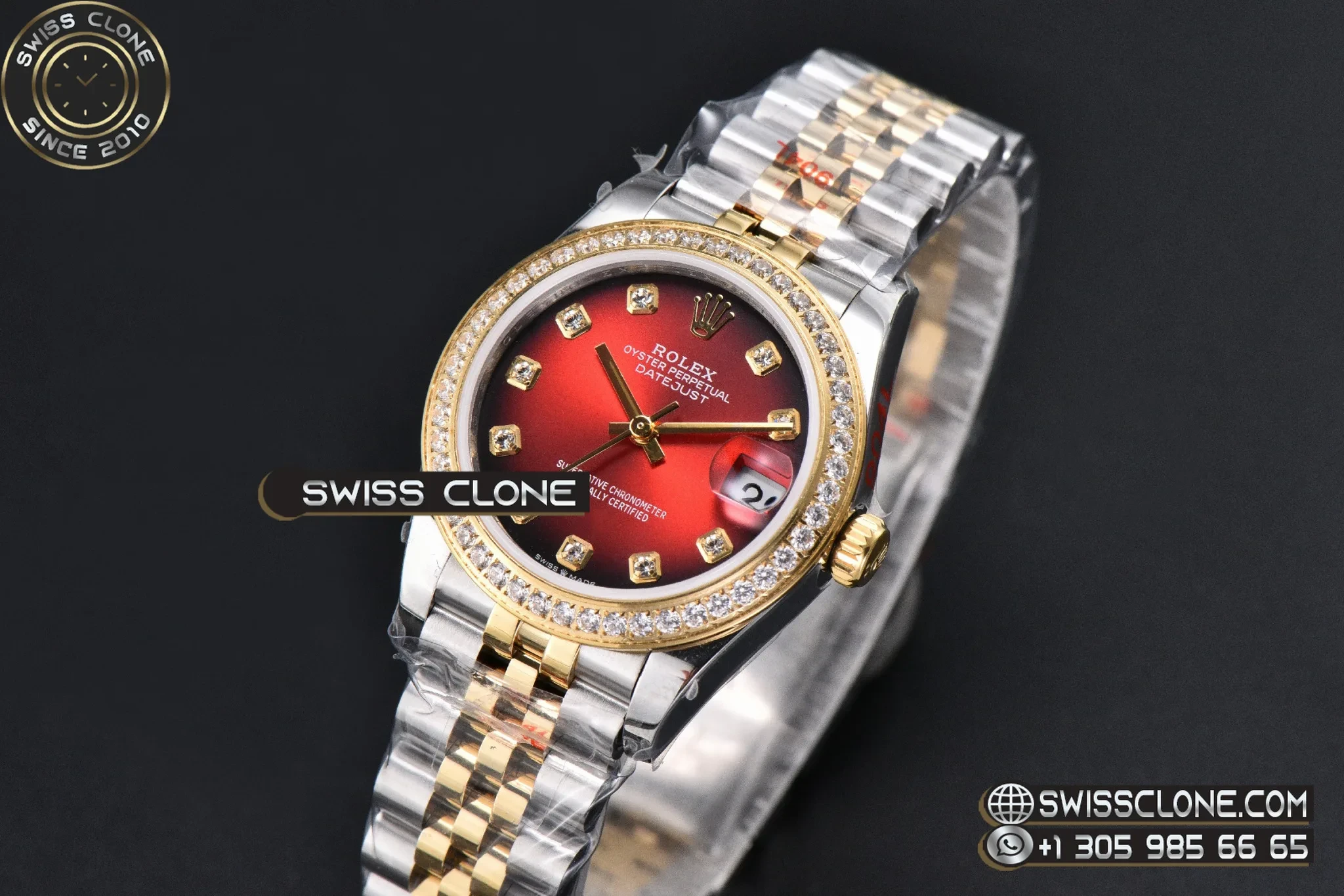 Rolex DateJust 31mm 904L Diamond Bezel Red Dial Diamond Marker YG/SS Jubilee 1:1 Super Clone - Bezel & Case Profile