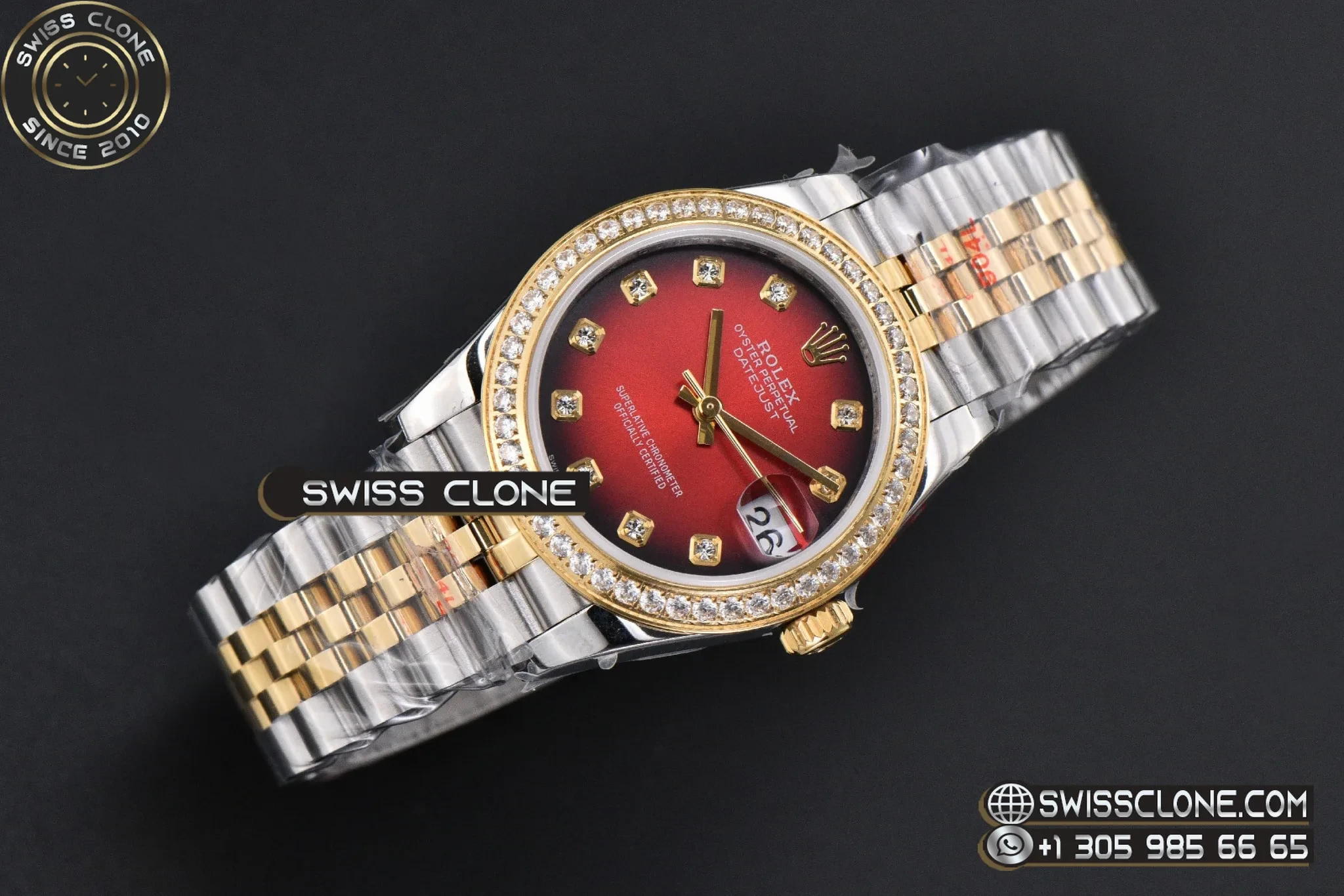 Rolex DateJust 31mm 904L Diamond Bezel Red Dial Diamond Marker YG/SS Jubilee 1:1 Super Clone - Dial Macro Close-Up