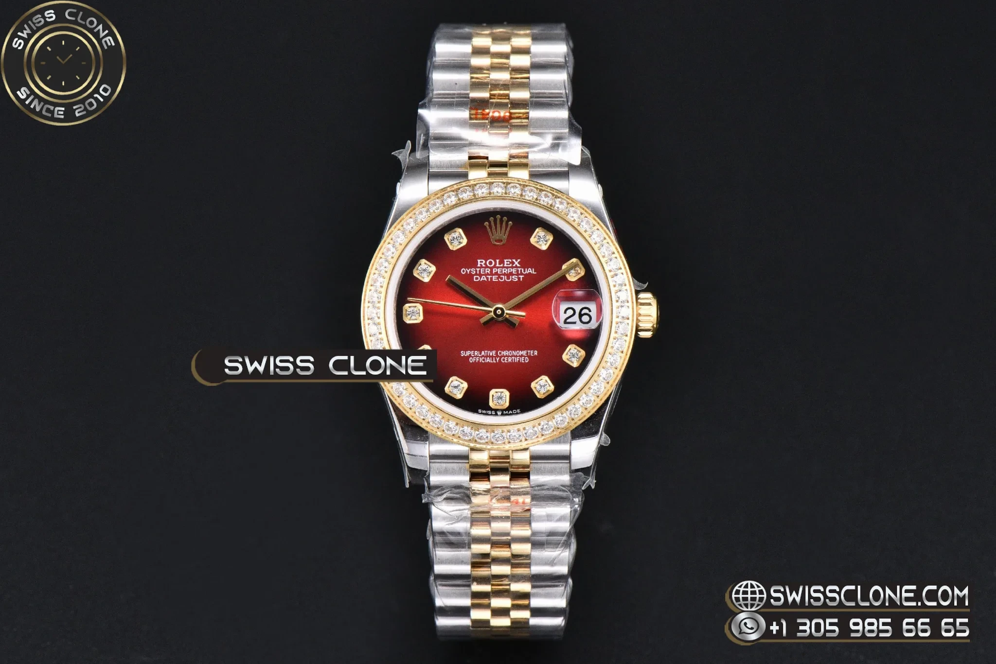 Rolex DateJust 31mm 904L Diamond Bezel Red Dial Diamond Marker YG/SS Jubilee