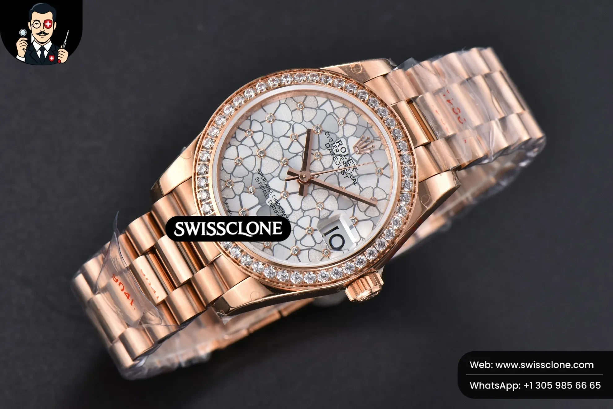 Rolex DateJust 31mm 904L Diamond Bezel Silver Flowers Dial President 1:1 Super Clone - Bezel & Case Profile