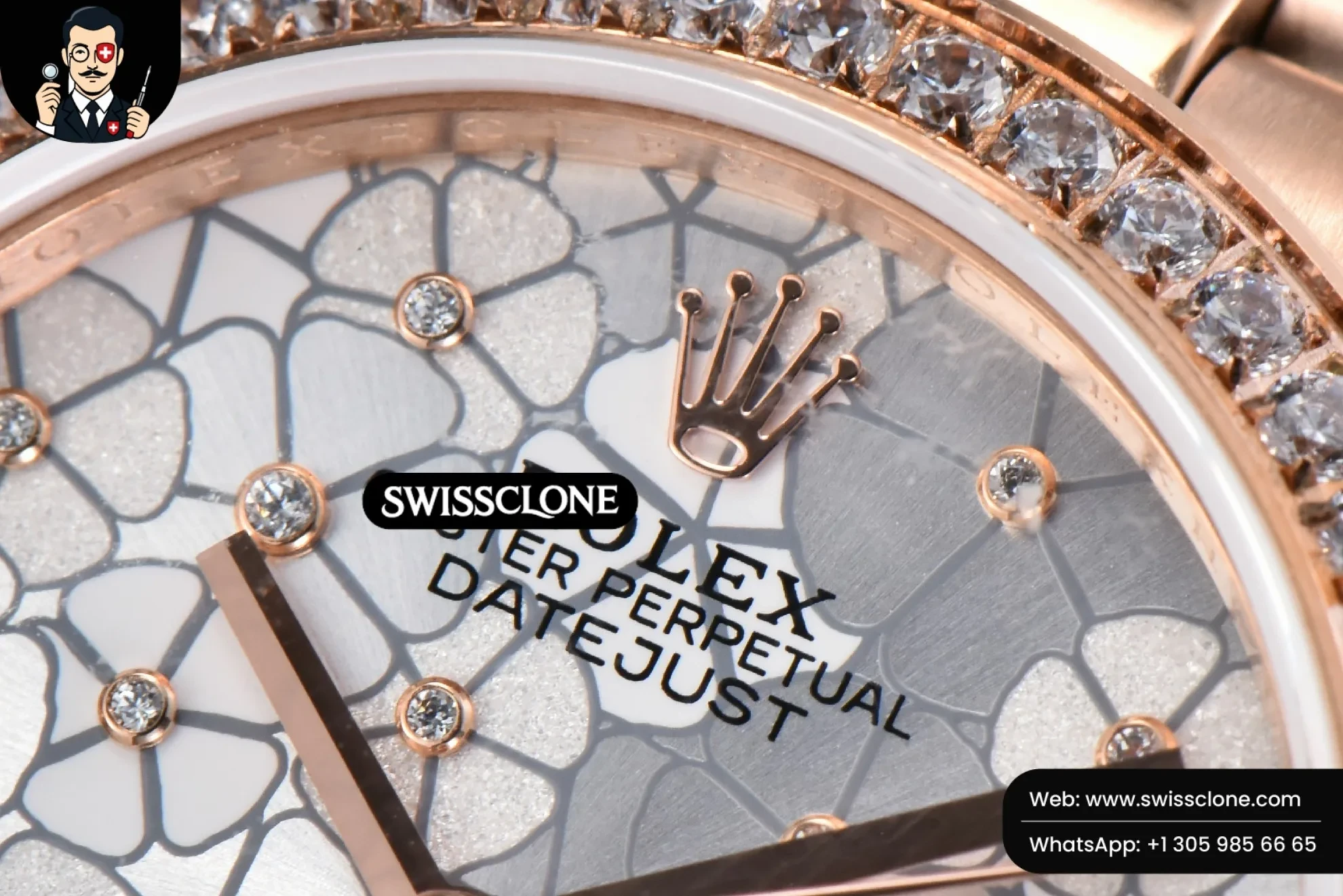 Rolex DateJust 31mm 904L Diamond Bezel Silver Flowers Dial President 1:1 Super Clone - Caseback & Cloned Calibre Movement