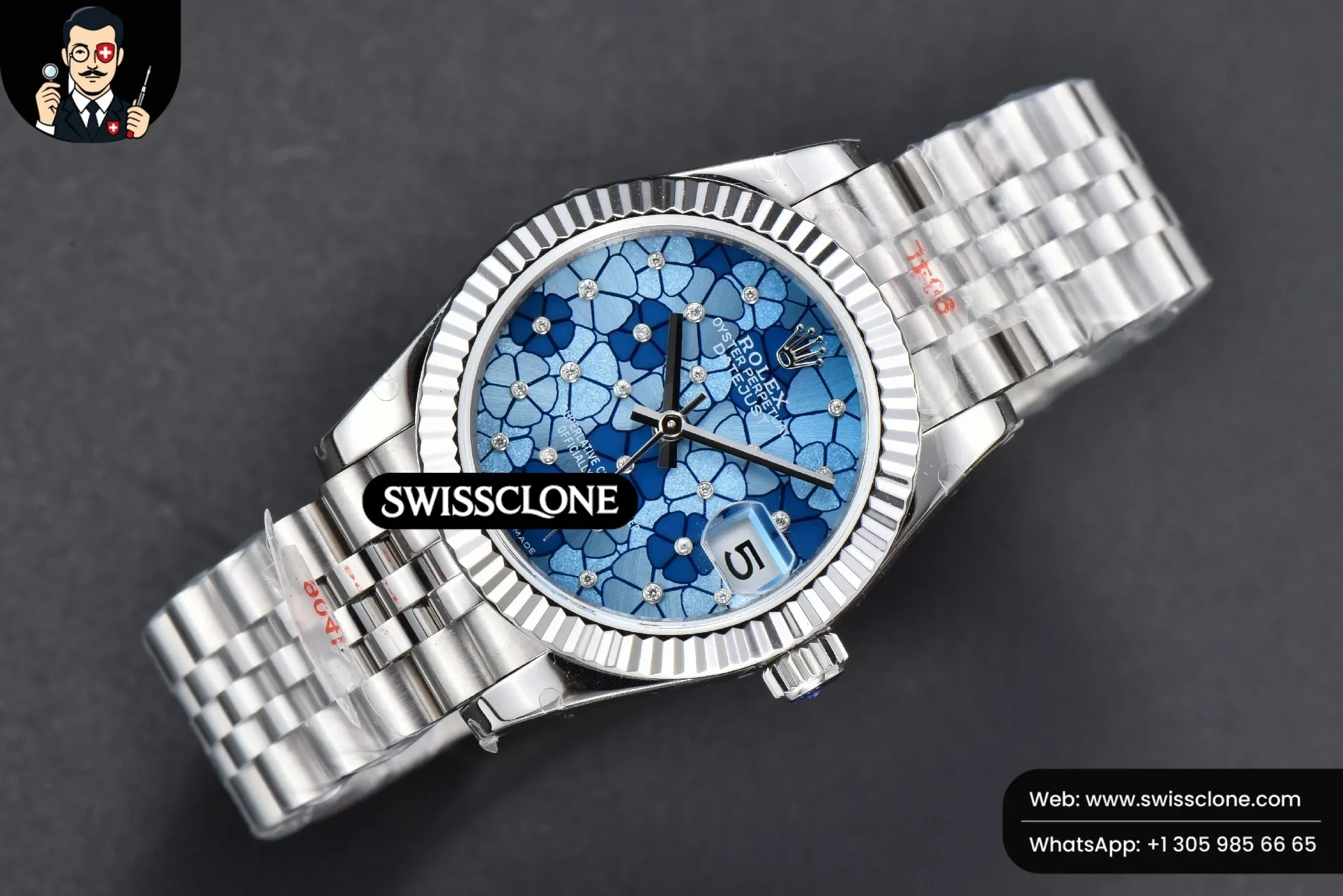 Rolex DateJust 31mm 904L Fluted Bezel Blue Flowers Dial Jubilee 1:1 Super Clone - Bezel & Case Profile
