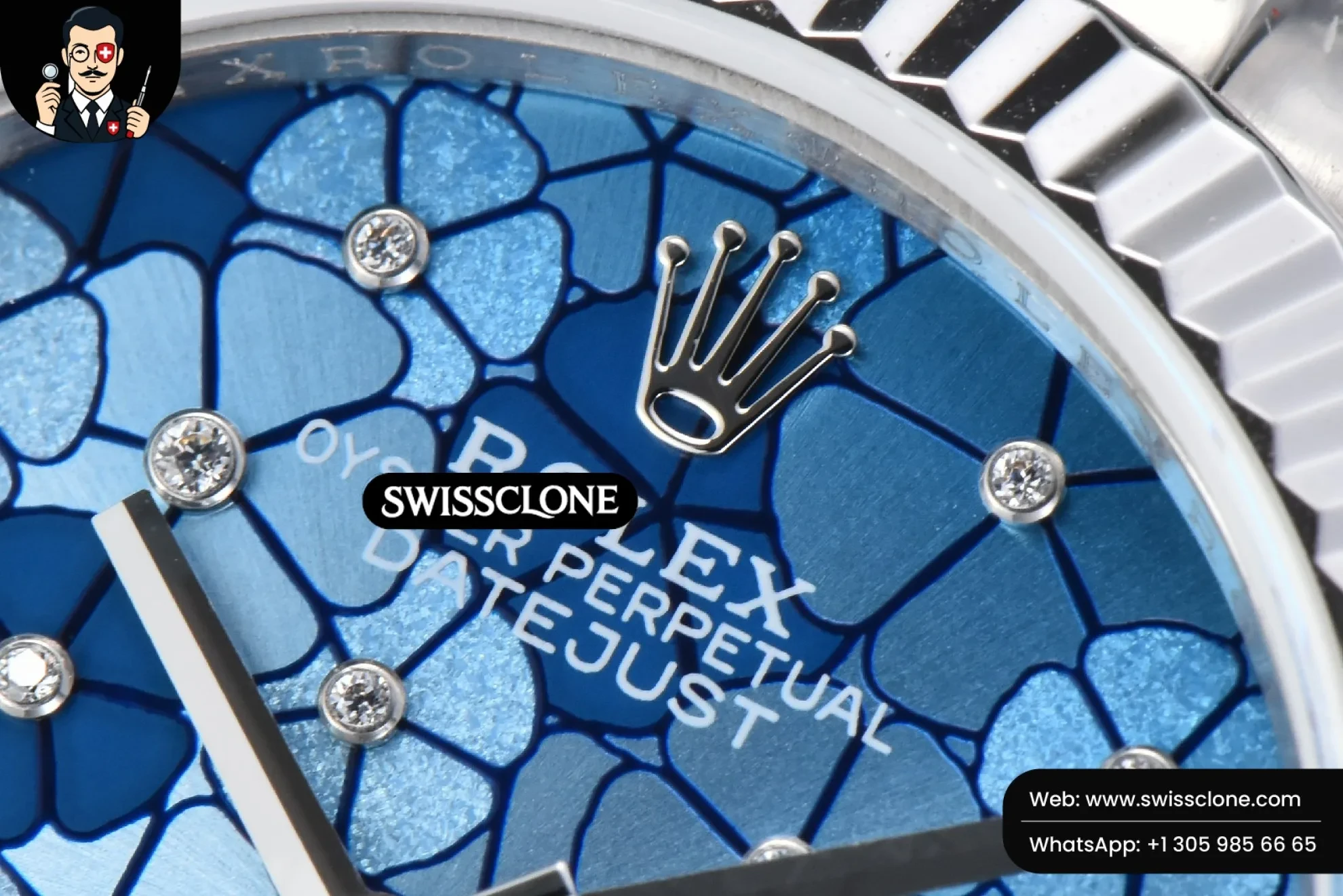 Rolex DateJust 31mm 904L Fluted Bezel Blue Flowers Dial Jubilee 1:1 Super Clone - Caseback & Cloned Calibre Movement
