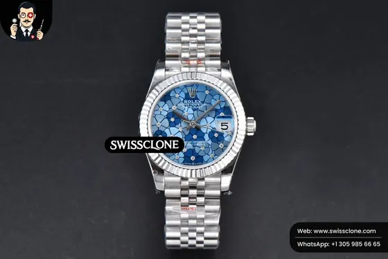 Rolex DateJust 31mm 904L Fluted Bezel Blue Flowers Dial Jubilee 1:1 Super Clone - Dial Macro Close-Up