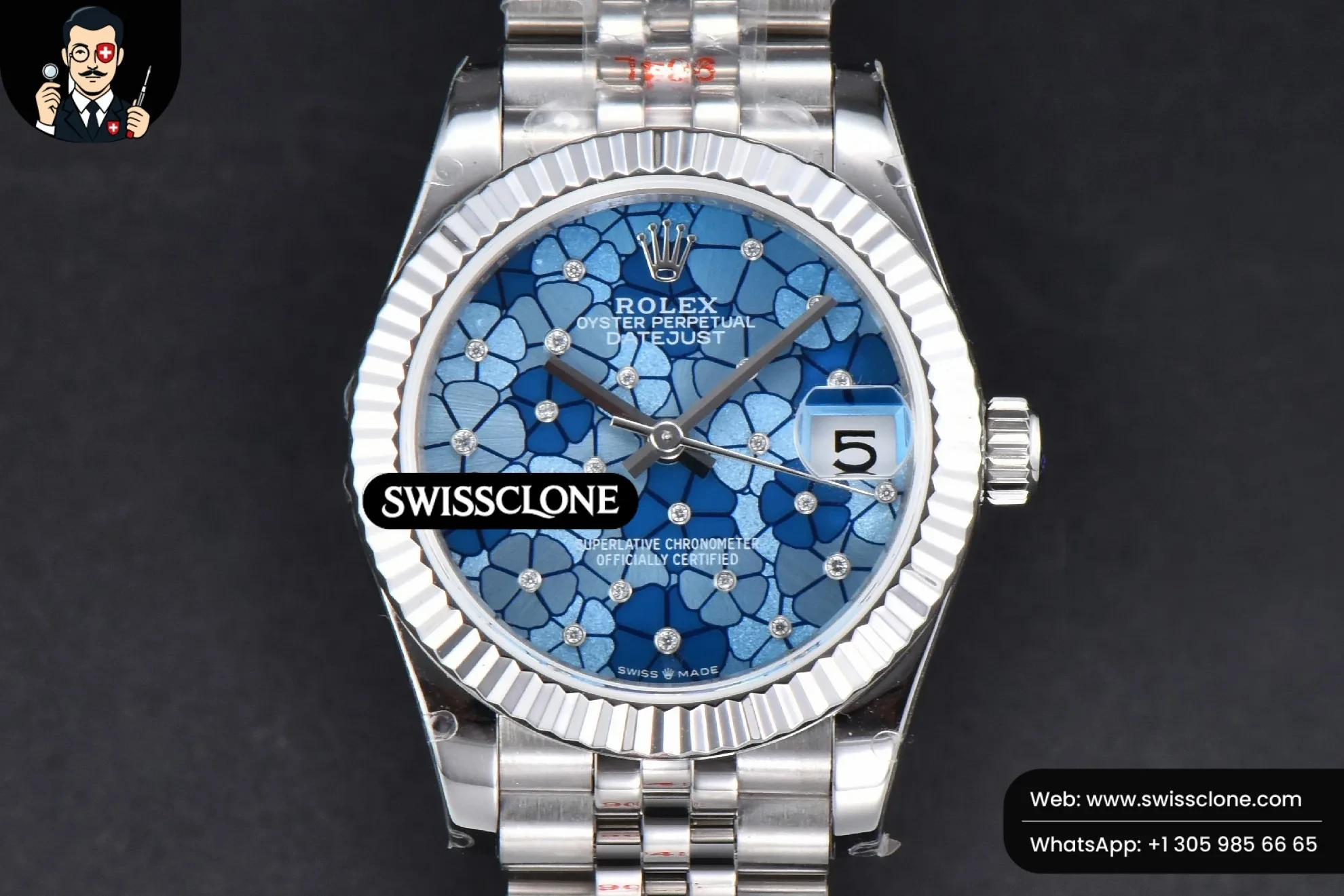 Rolex DateJust 31mm 904L Fluted Bezel Blue Flowers Dial Jubilee