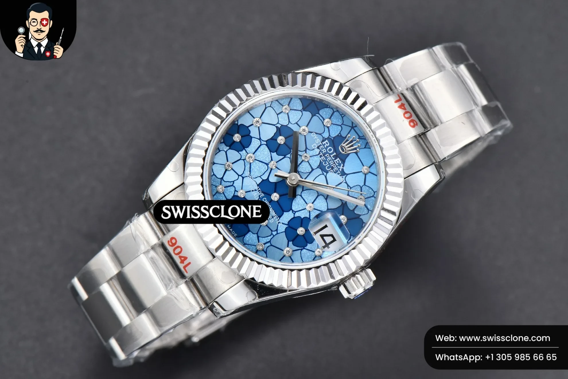 Rolex DateJust 31mm 904L Fluted Bezel Blue Flowers Dial Oyster 1:1 Super Clone - Bezel & Case Profile