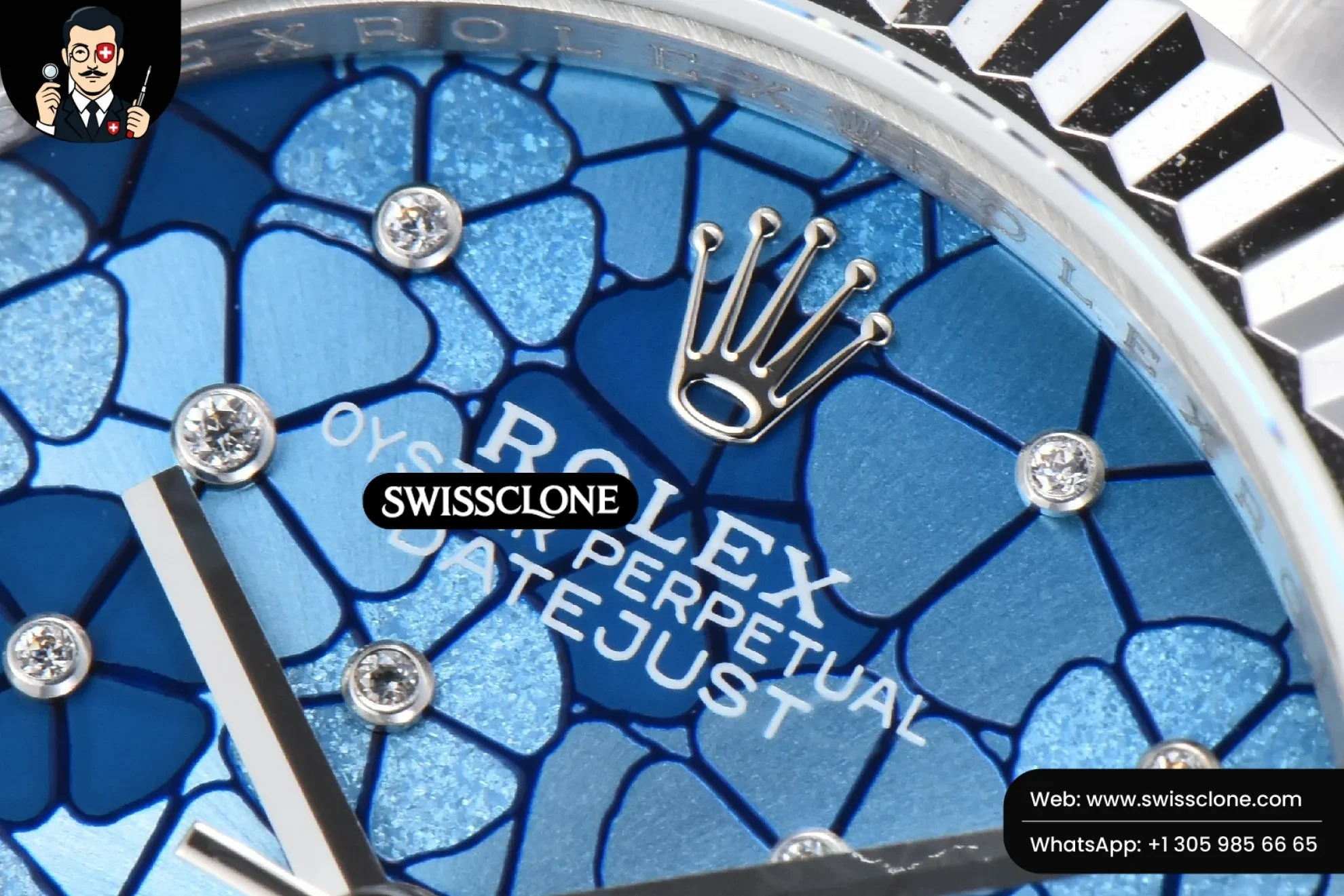 Rolex DateJust 31mm 904L Fluted Bezel Blue Flowers Dial Oyster 1:1 Super Clone - Caseback & Cloned Calibre Movement