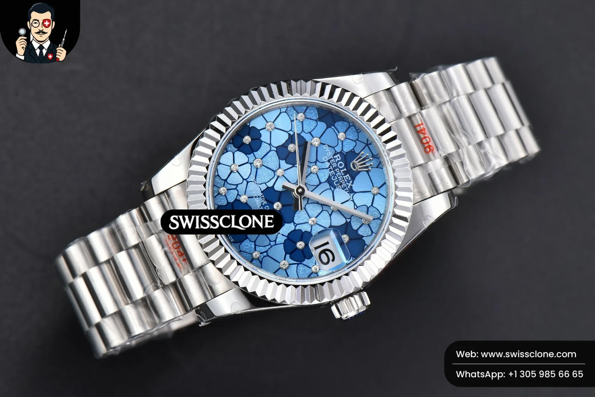Rolex DateJust 31mm 904L Fluted Bezel Blue Flowers Dial President 1:1 Super Clone - Bezel & Case Profile